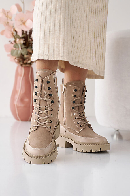 Женские кожаные ботинки зимние бежевые - #8019995