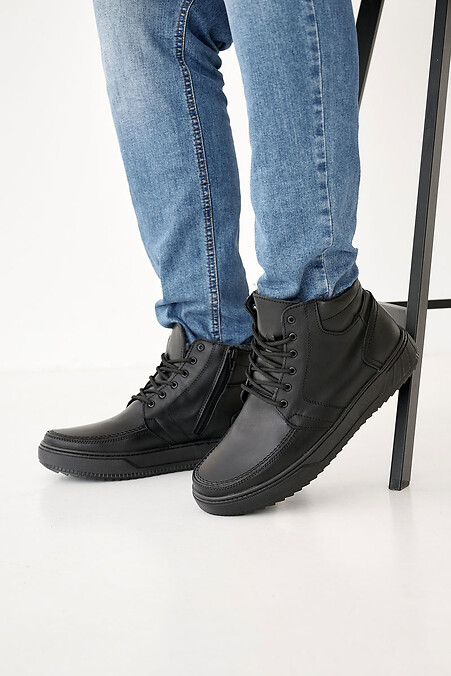 Мужские кожаные ботинки зимние черные - #8019997