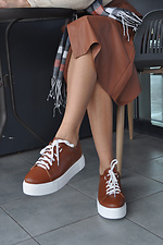 Skórzane sneakersy damskie w kolorze karmelowym na białej platformie Garne 3200012 zdjęcie №7