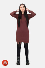 Knitted brown tunic with a long cut with a fleece and a hood HOT 8035024 photo №1