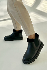 Women's short black leather winter boots without fasteners  4207026 photo №1