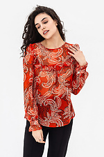 Жіноча блуза з рюшею червоного кольору у візерунок Garne 3042036 фото №1