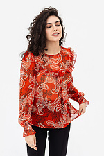 Жіноча блуза з рюшею червоного кольору у візерунок Garne 3042036 фото №5