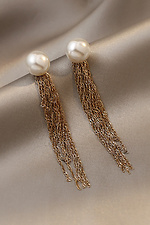 Довгі золотисті сережки в ретро стилі з перлами і ланцюжками  4516047 фото №1