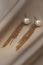 Довгі золотисті сережки в ретро стилі з перлами і ланцюжками  4516047 фото №2