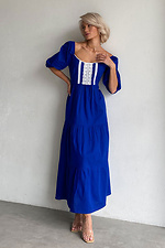Длинное льняное платье синего цвета с белым кружевом и рукавами фонариками NENKA 3103049 фото №1