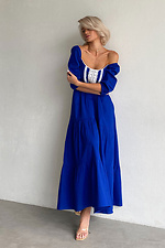 Długa niebieska lniana sukienka z białą koronką i bufiastymi rękawami NENKA 3103049 zdjęcie №2