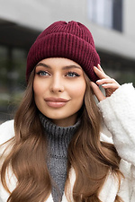 Knitted hat Camellia burgundy color on fleece  4051049 photo №1