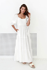 Długa biała lniana sukienka z koronką i bufiastymi rękawami NENKA 3103053 zdjęcie №1