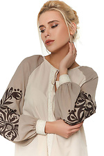 Жіноча блуза вишиванка бежевого кольору з шифоновими рукавами-буфами NENKA 3103059 фото №1