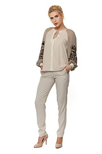 Women's beige embroidered blouse with chiffon puff sleeves NENKA 3103059 photo №3