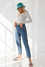 Hellblaue Slim Jeans mit weitem Bein und hohem Bund  4009060 Foto №5