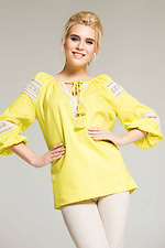 Linen yellow embroidered blouse with wide puff sleeves NENKA 3103061 photo №1