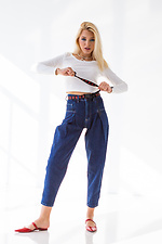 Blaue Slouchy-Jeans mit weitem Bein, Falten und hoher Taille  4009061 Foto №10
