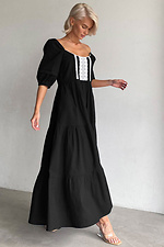Długa lniana czarna haftowana sukienka z krótkimi bufiastymi rękawami NENKA 3103064 zdjęcie №1