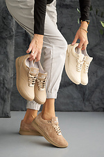 Skórzane sneakersy damskie w kolorze wiosenno-jesiennym w kolorze beżowym  2505086 zdjęcie №2