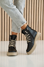 Жіночі зимові шкіряні черевики чорно-бежевого кольору.  2505103 фото №9