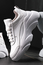 White chunky sneakers made of genuine leather with thick soles and laces  4205140 photo №6