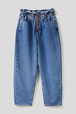 Широкие короткие джинсы высокой посадки с рюшей на талии  4009145 фото №4