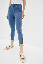 Blaue Stretch-Jeans mit hoher Taille, Asymmetrie und Fransen  4009165 Foto №1