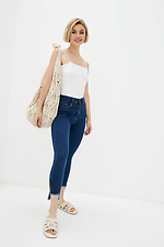 Blue high waist stretch jeans with asymmetry and fringes  4009166 photo №2