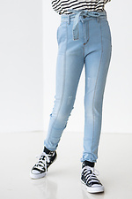 Голубые джинсы американка с высокой талией и прошитыми стрелками  4014179 фото №4