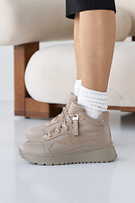 Winter women's leather sneakers beige with fur  2505201 photo №4