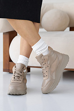 Winter women's leather sneakers beige with fur  2505201 photo №5