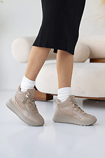 Winter women's leather sneakers beige with fur  2505201 photo №7