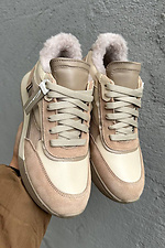 Женские зимние кожаные кроссовки на меху молочные.  2505205 фото №4