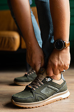 Мужские кожаные кроссовки весенне-осенние цвета хаки  2505208 фото №3