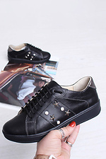 Black leather sneakers with metallic stars and pearls  4205210 photo №7