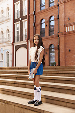 Children's high knee socks made of cotton for a girl, white with blue stripes M-SOCKS 2040223 photo №4