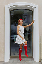 Red knee high cotton knee socks with white stripes M-SOCKS 2040233 photo №5