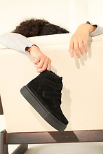 Black suede women's winter boots with velcro fasteners  4206237 photo №4