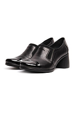 Черные кожаные туфли на широком каблуке с лаковым носком  4205301 фото №2