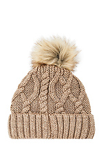 Об'ємна в'язана шапка на зиму кавового кольору з помпоном  4009328 фото №3