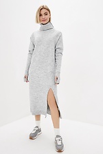 Warm knitted straight-cut dress with yoke collar and leg slit  4038335 photo №1