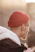 Теплая вязаная шапка красного цвета с отворотом Custom Wear 8025381 фото №7