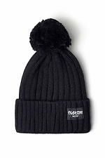 Тепла в'язана шапка чорного кольору з помпоном і відворотом Custom Wear 8025384 фото №3