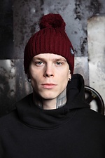 Warm burgundy knitted hat with pompom and lapel Custom Wear 8025386 photo №2