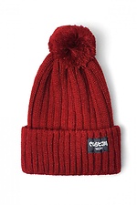 Warm burgundy knitted hat with pompom and lapel Custom Wear 8025386 photo №3