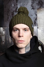 Warm green knitted hat with pompom and lapel Custom Wear 8025388 photo №2