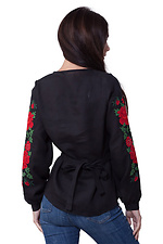 Черная льняная блузка вышиванка с длинными рукавами и поясом Cornett-VOL 2012391 фото №3