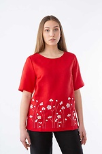 Red embroidered straight line linen blouse with short sleeves Cornett-VOL 2012393 photo №1