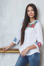 Белая льняная блуза вышиванка с баской и укороченными рукавами Cornett-VOL 2012401 фото №1