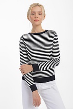 Knitted women's jumper with long sleeves in blue with white stripes.  4038422 photo №1