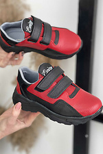 Підліткові шкіряні кросівки червоного кольору на липучках  8018427 фото №1