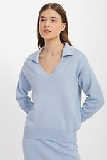 Knitted jumper with V-neck and turn-down collar in blue  4038447 photo №1
