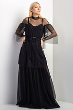 Вечірній костюм OSCAR з чорного фатину: клешная спідниця в підлогу, подовжена блуза з воланами на рукавах Garne 3033454 фото №6